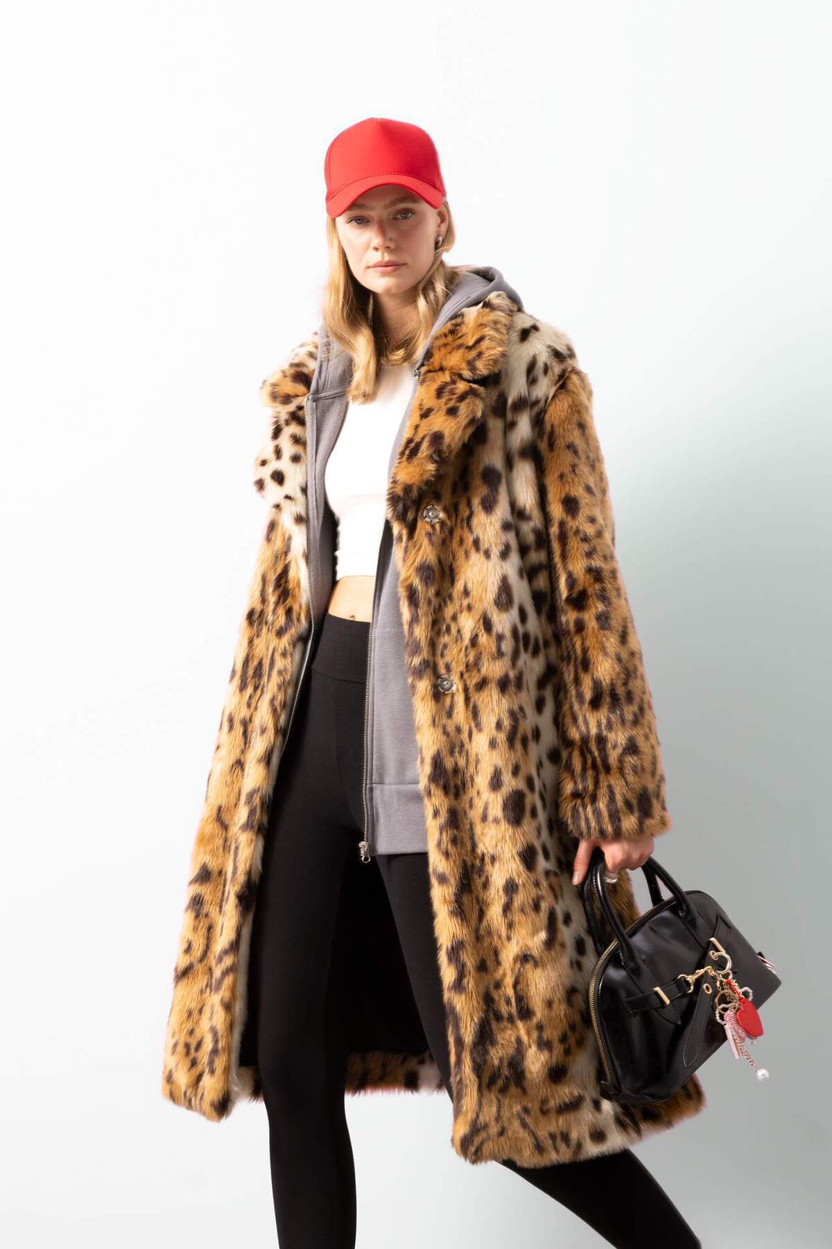 DeFacto Kurtka Relax Fit Leopard Print z kołnierzem Długi płaszcz ze sztucznego futra z kieszeniami D4005Ax24Wn