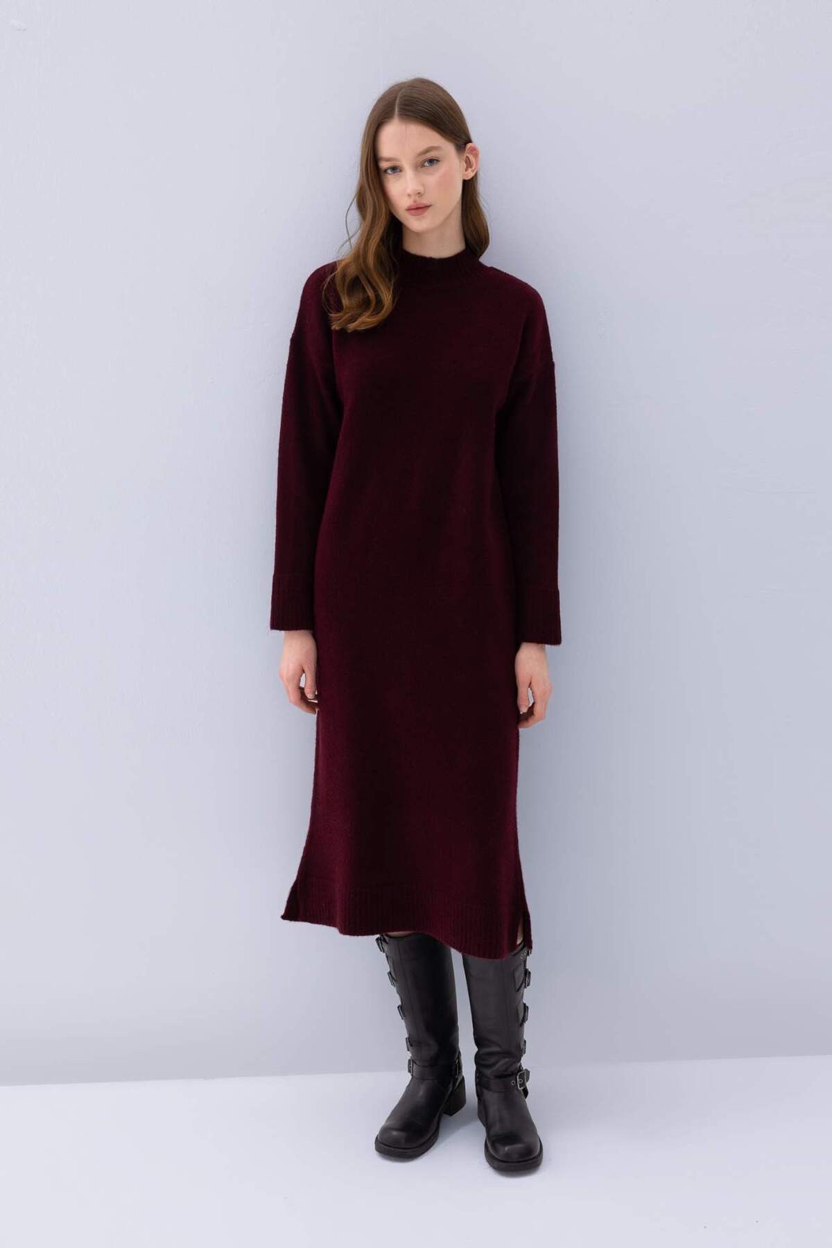 DeFacto Relax Fit Yarım Balıkçı Yaka Midi Triko Bordo Elbise D8596AX24WN