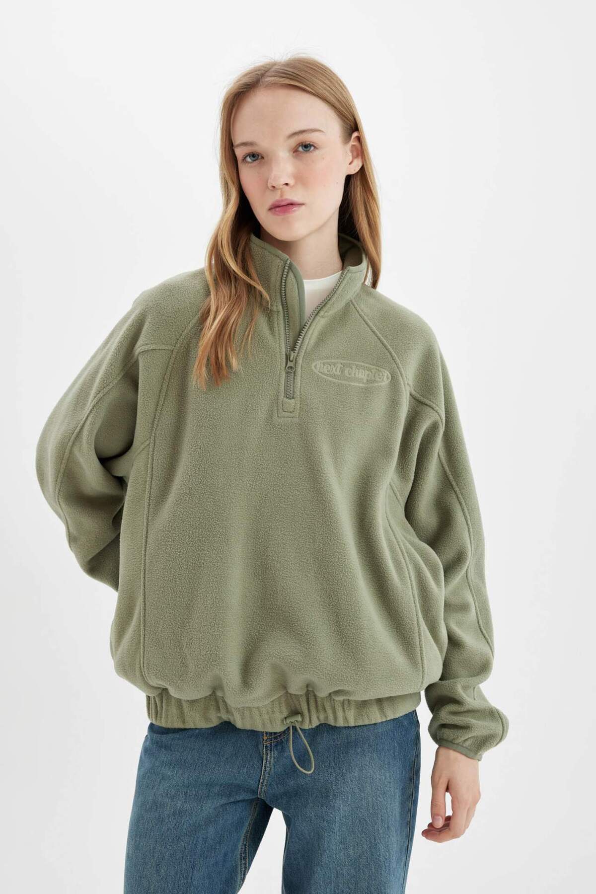 co♩ Defacto Regular Fit Fermuarlı Dik Yaka Baskılı Polar Sweatshirt