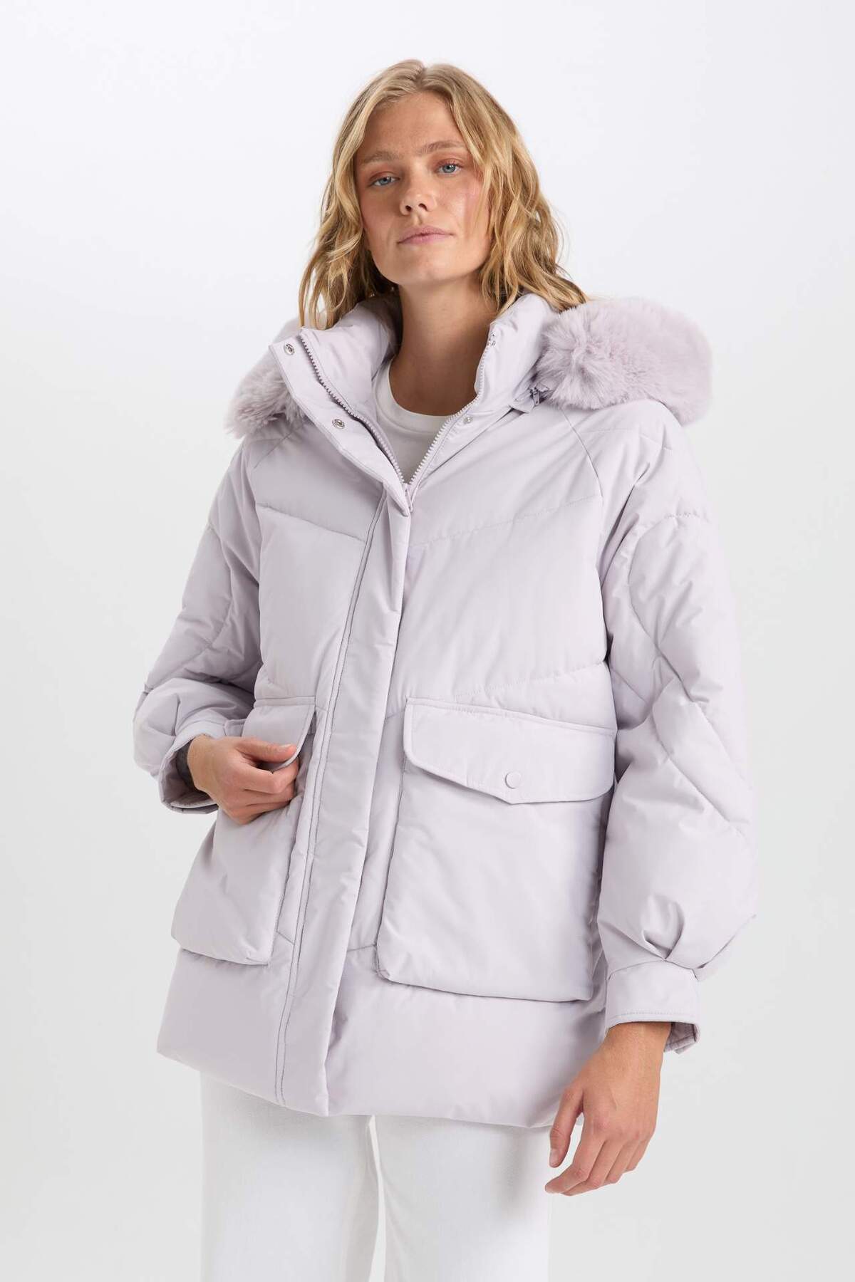 Defacto  Su Geçirmez Kapüşonlu Fermuarlı Cepli Şişme Mont C3973AX24CW - Görsel 5