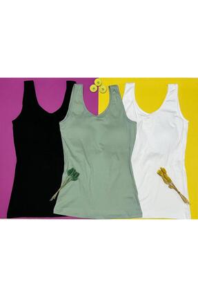 VELOURE Kadın Atlet Sütyenli V Yaka Modal 3’lü Siyah, Beyaz ve Yeşil Pedli At...