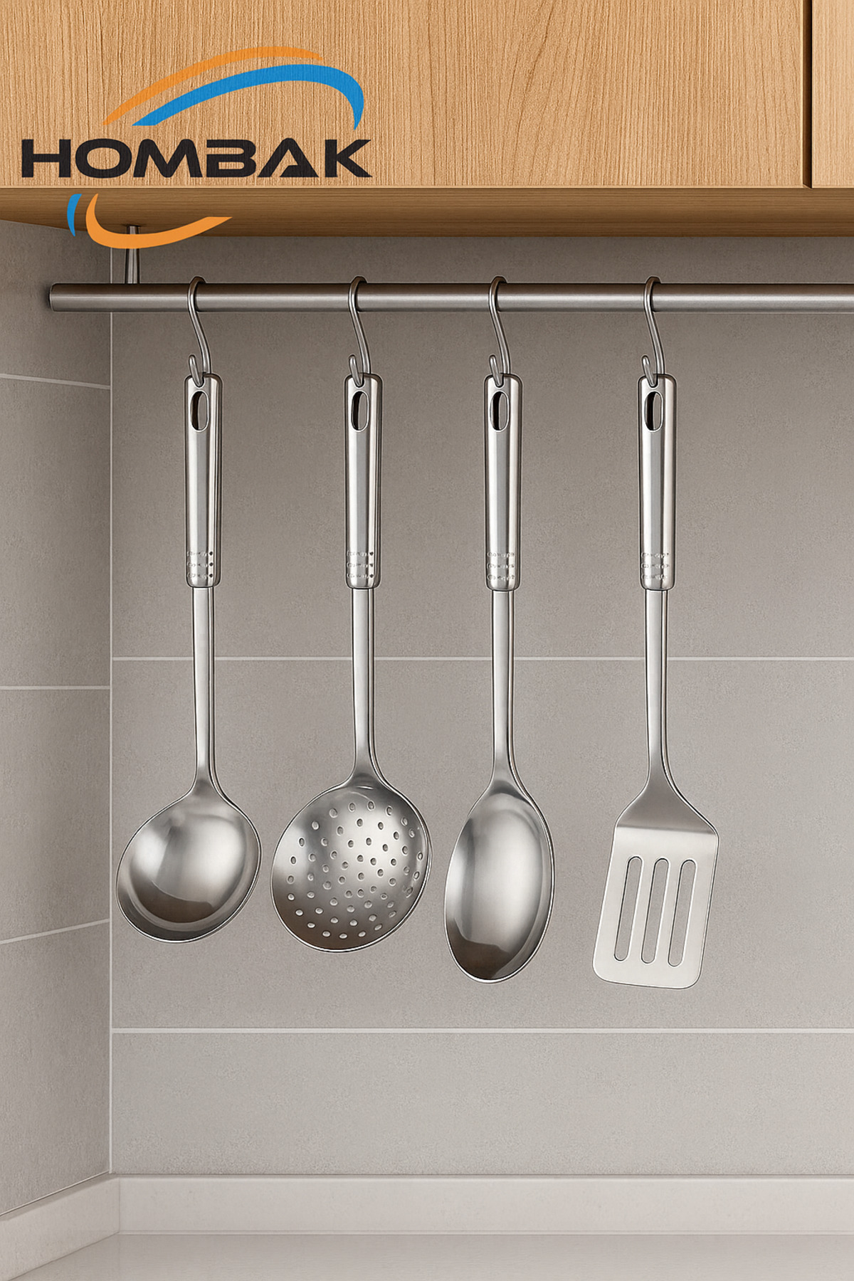 Hombak 4 Parça Çelik Mutfak Servis Seti Kepçe Kevgir Spatula Kaşık Takımı Sunum Çeyiz Seti