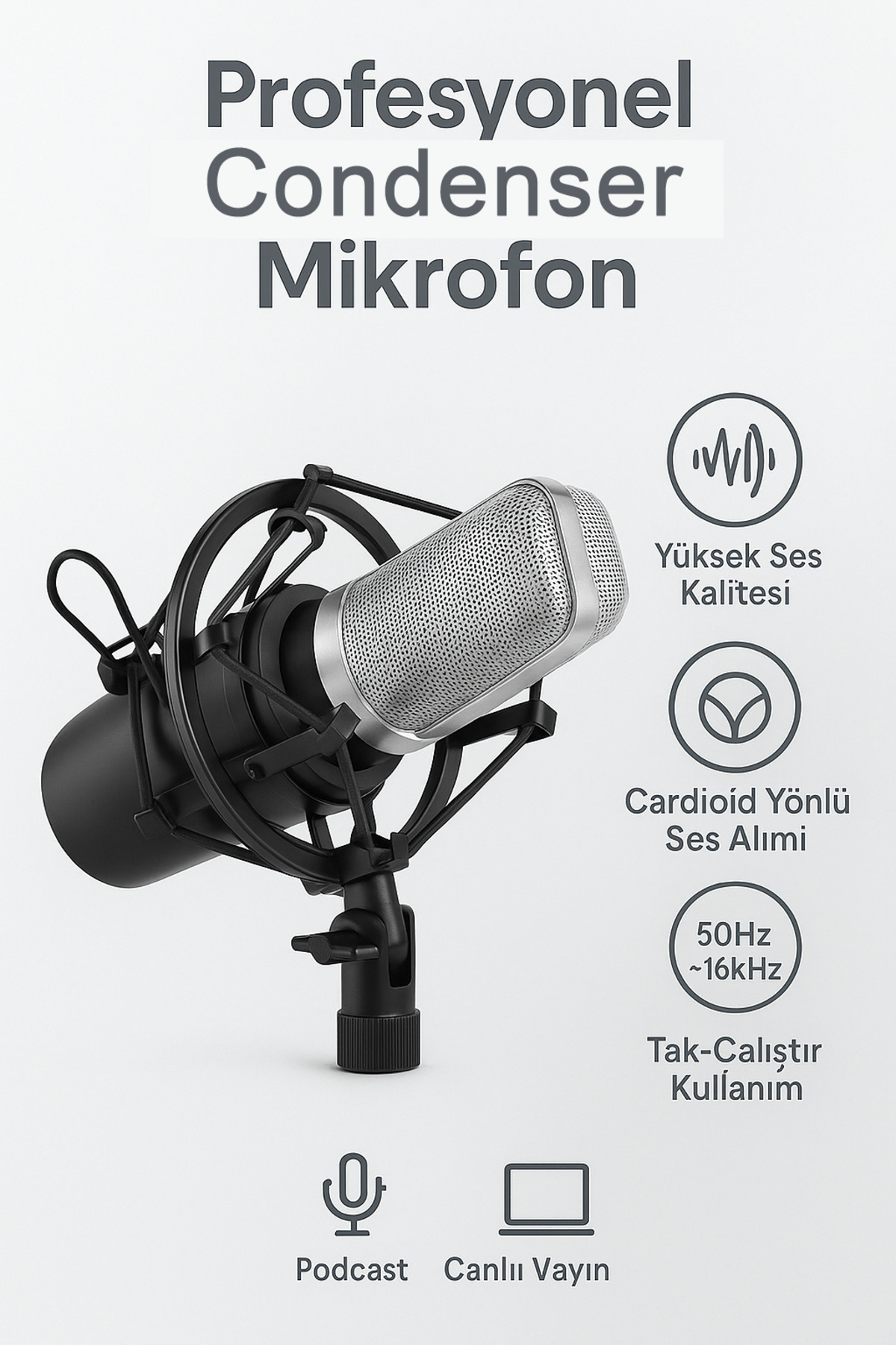 Coverzone Mikrofon - Condenser, Cardioid, 3.5mm Tak-Çalıştır, 37dB
