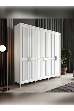 MaceraMobilya 6 Kapaklı Komple Mdf Dişbudak Desenli Beyaz Gardırop Yatak Odası