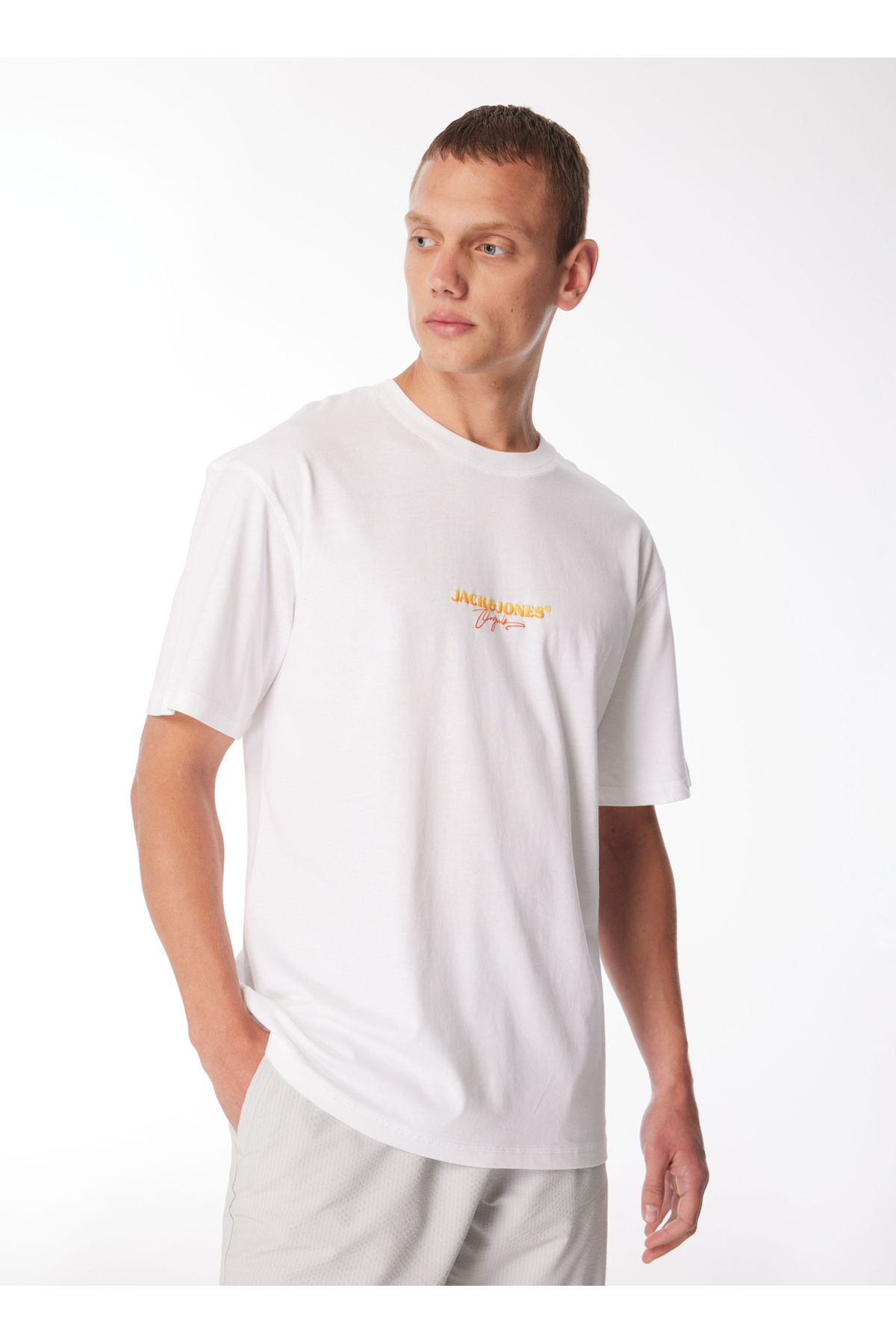 جک اند جونز تی شرت مردانه یقه سفید مردانه JORARUBA PUFF BRANDING TEE SS CREW