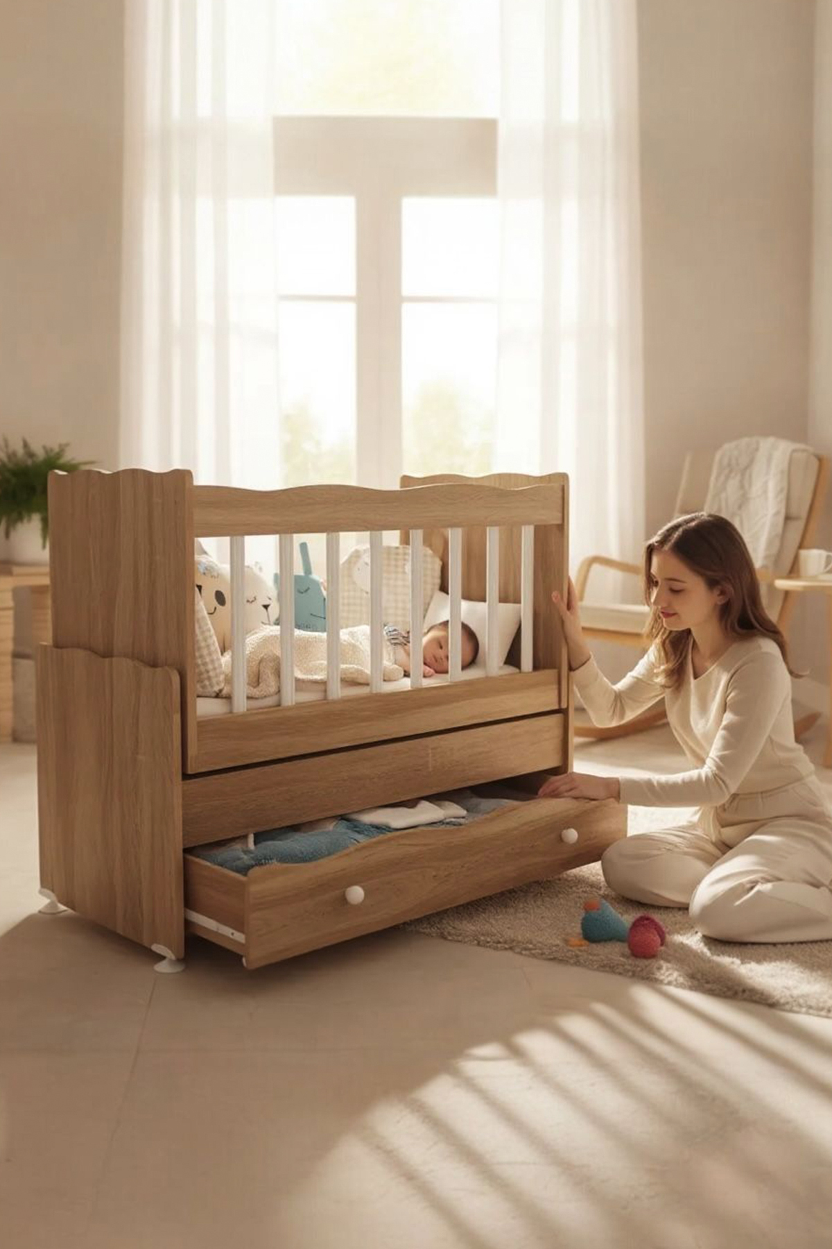 Aktehome Çekmeceli Sallanır Anne Yanı Ahşap Bebek Beşiği Sonoma fotoğrafı 2 (önizleme)