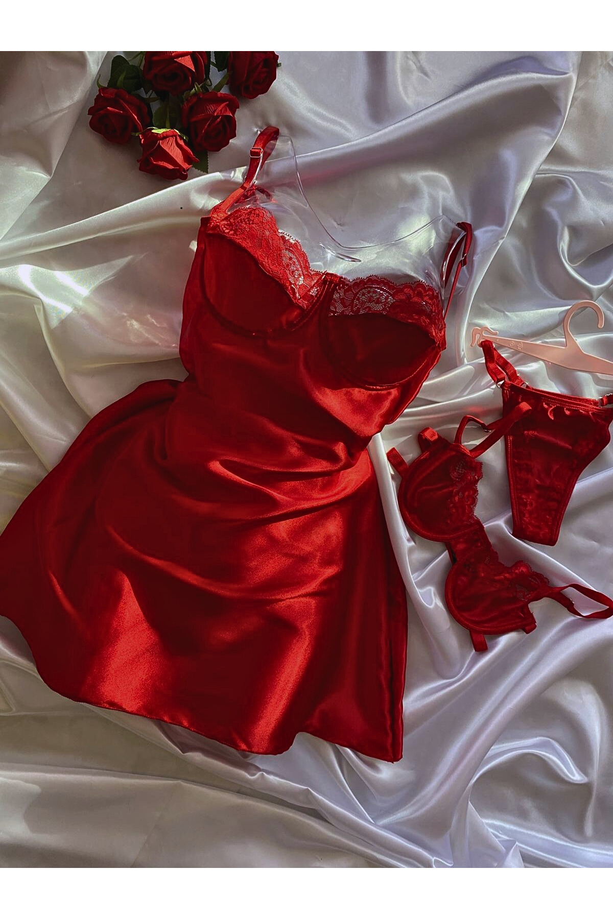 lolia Kırmızı İpeksi Saten Gecelik Seti 3 Parça (çeyiz,nişan)