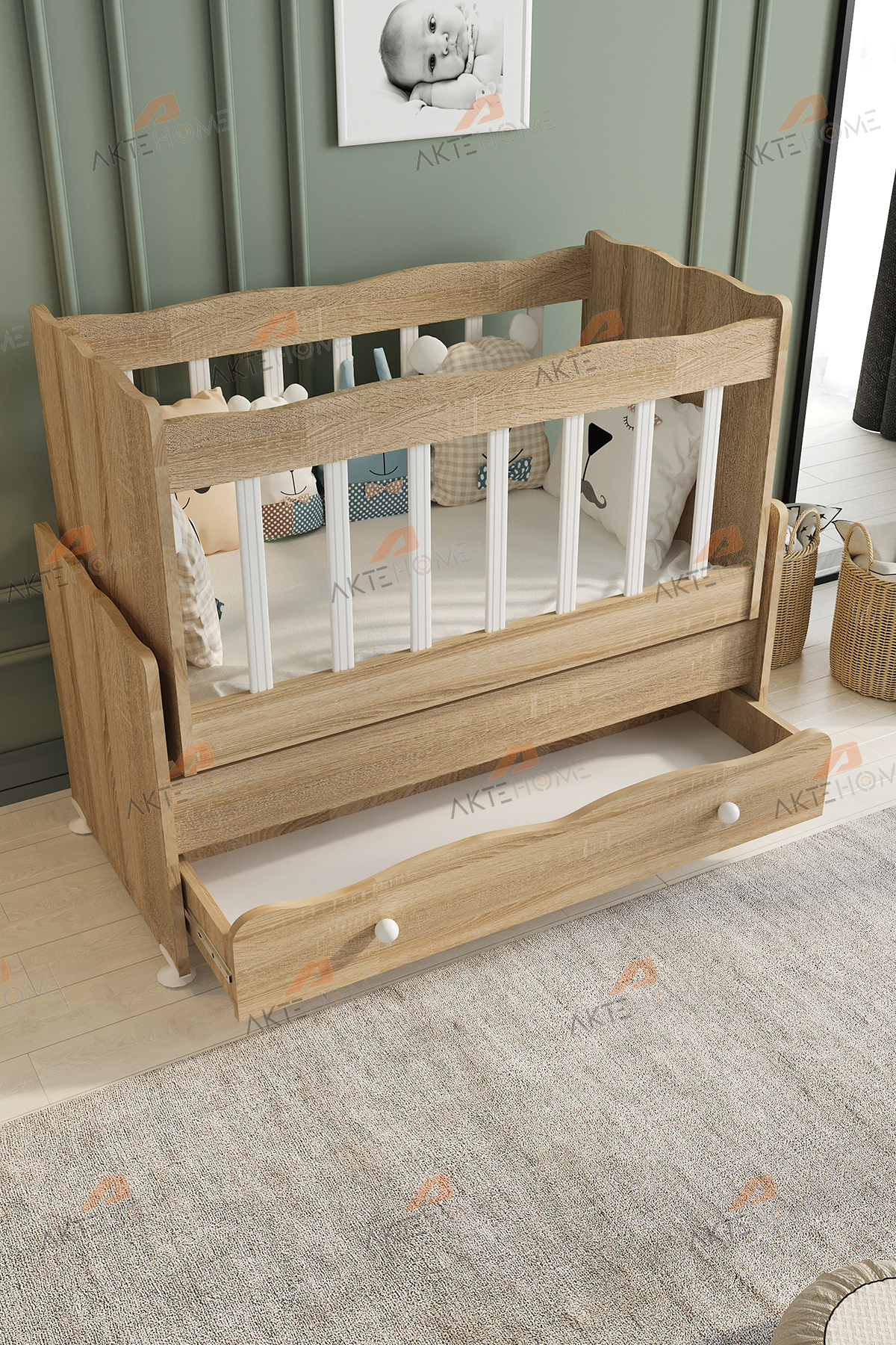 Aktehome Çekmeceli Sallanır Anne Yanı Ahşap Bebek Beşiği Sonoma fotoğrafı 6 (önizleme)
