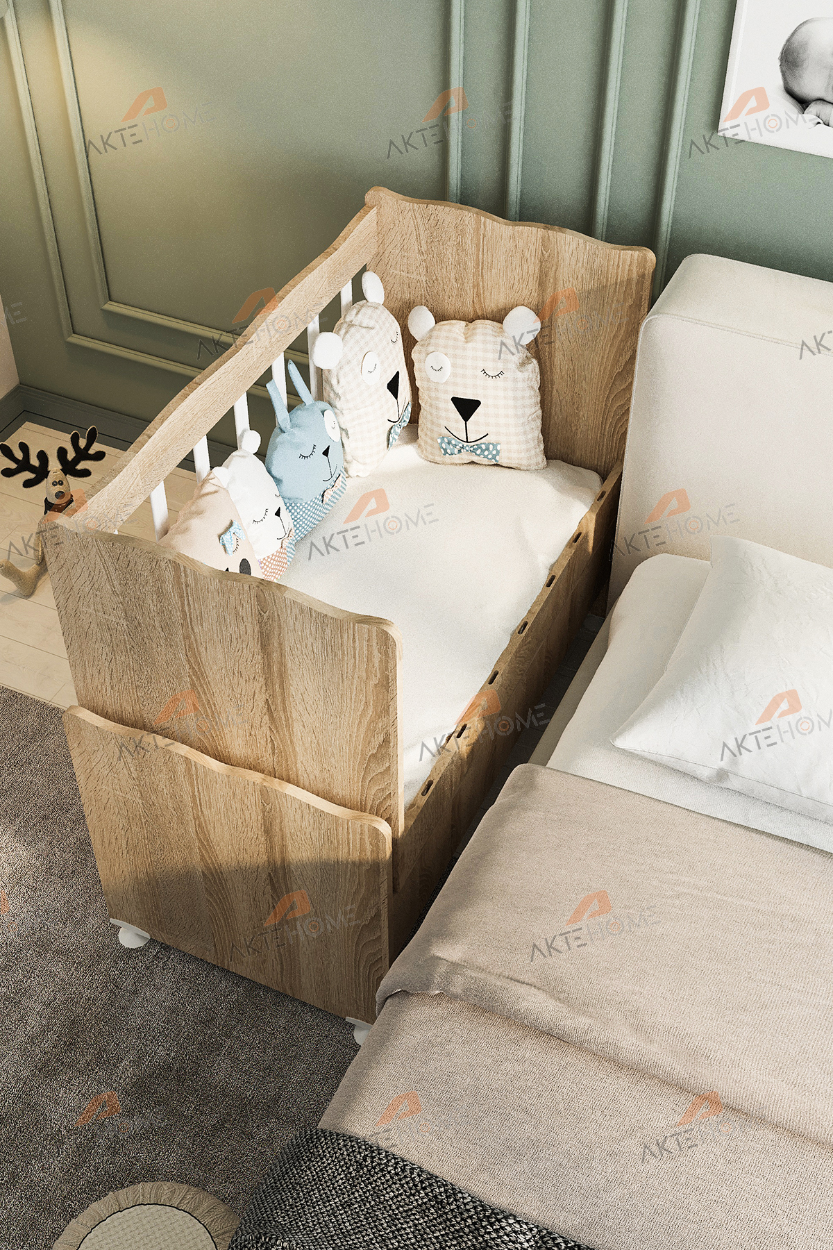 Aktehome Çekmeceli Sallanır Anne Yanı Ahşap Bebek Beşiği Sonoma fotoğrafı 7 (önizleme)