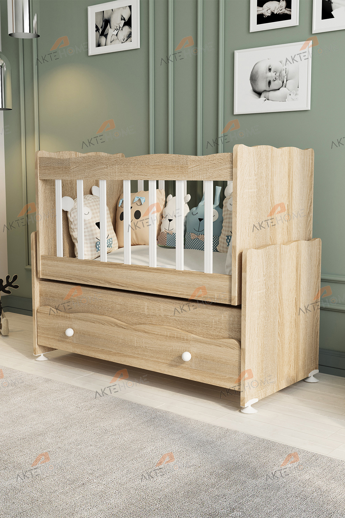 Aktehome Çekmeceli Sallanır Anne Yanı Ahşap Bebek Beşiği Sonoma fotoğrafı 4 (önizleme)