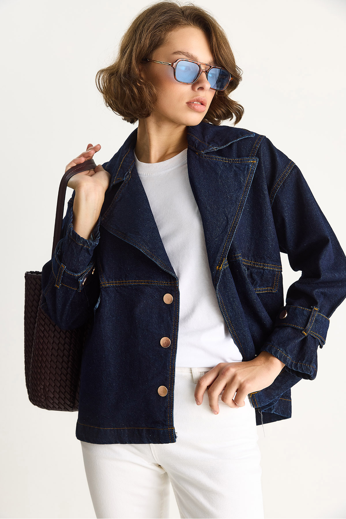 Bianco Lucci  Kadın Geniş Yaka Uzun Kollu Ayarlanabilir Manşetli Denim Ceket 6089 60283543 - Görsel 3
