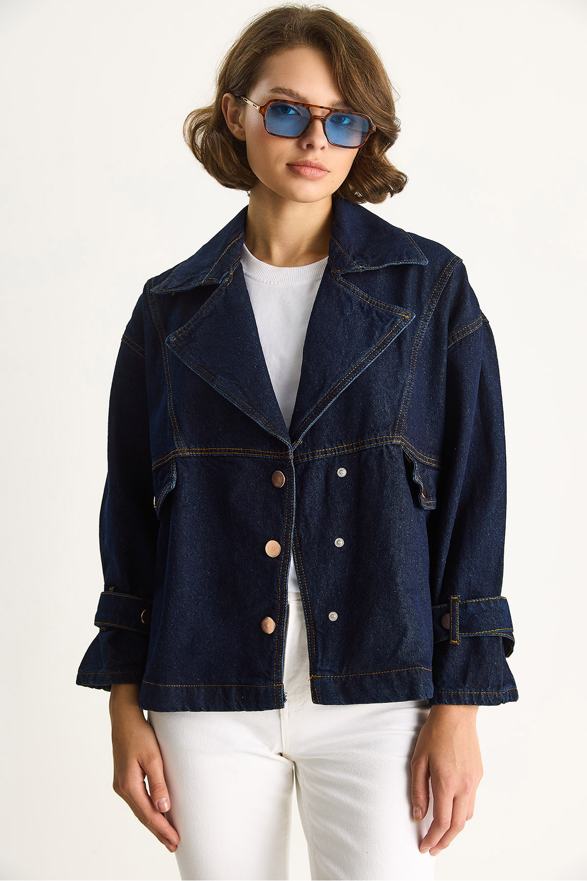 Bianco Lucci  Kadın Geniş Yaka Uzun Kollu Ayarlanabilir Manşetli Denim Ceket 6089 60283543 - Görsel 4