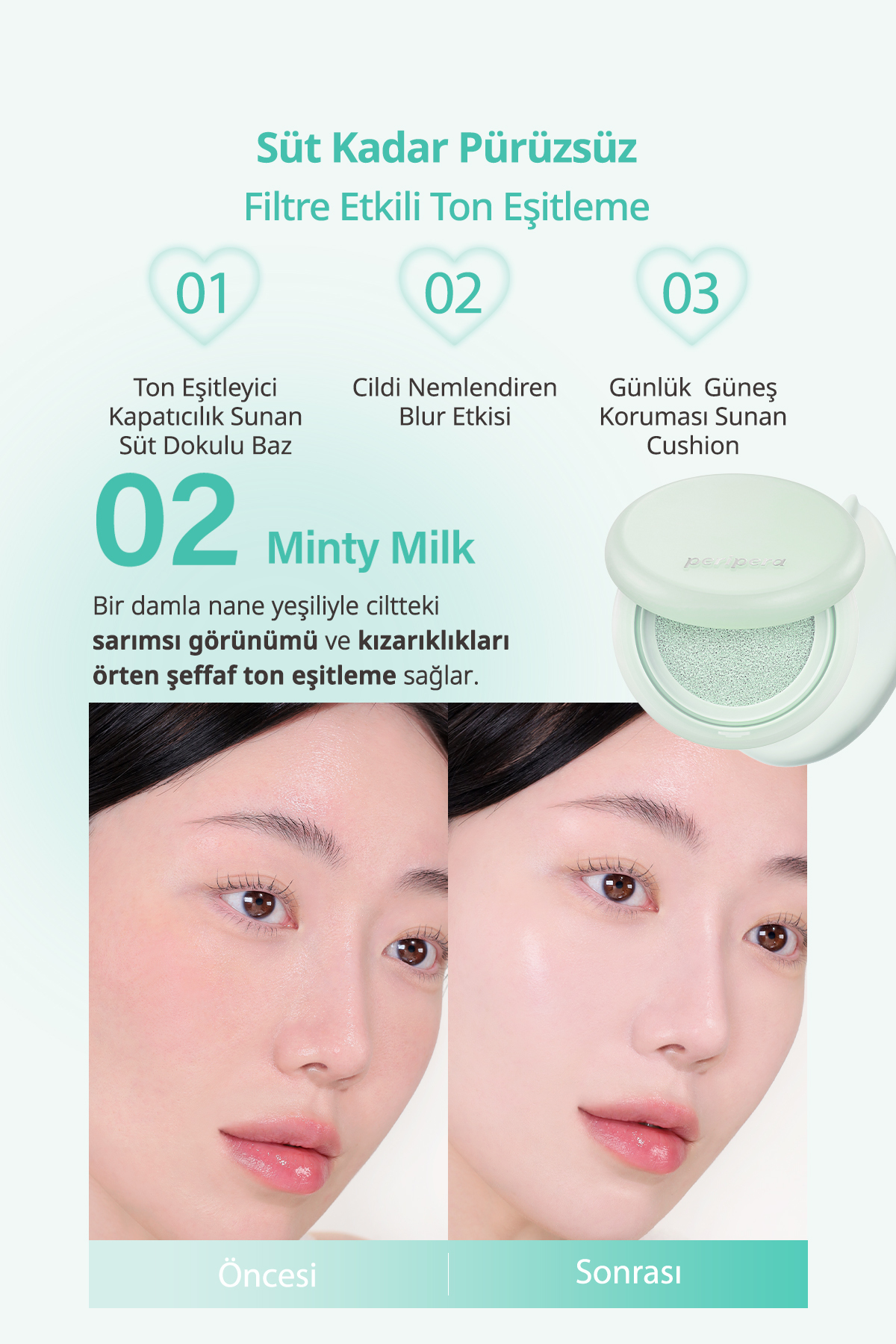 Ton Eşitleyen Yağ Kontrolü Sunan Güneş Koruyucu Yeşil Baz PERIPERA Filter Fit Milk Tone Up Cushion — سبز 111635 — تصویر 3 از 9