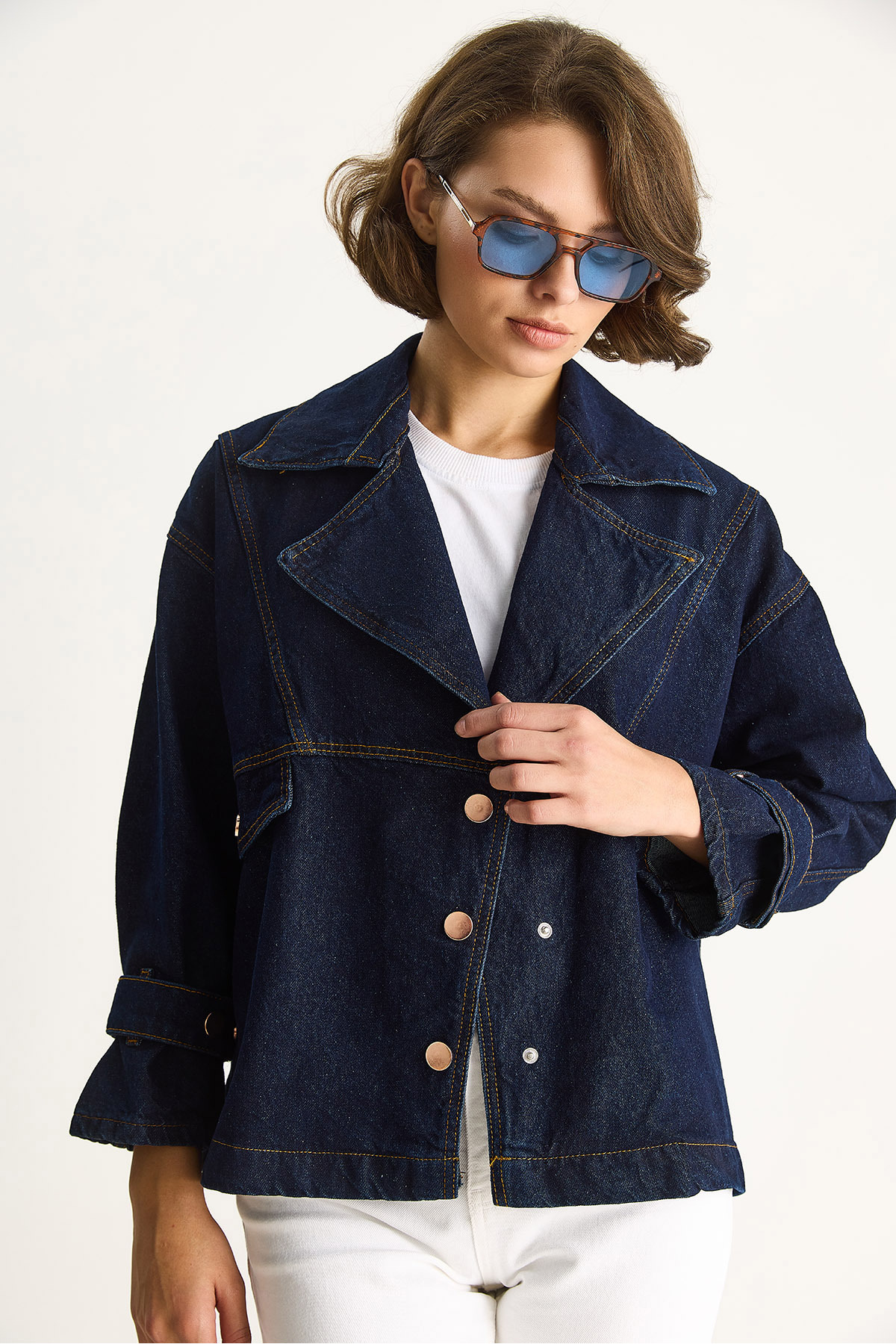 Bianco Lucci  Kadın Geniş Yaka Uzun Kollu Ayarlanabilir Manşetli Denim Ceket 6089 60283543 - Görsel 5