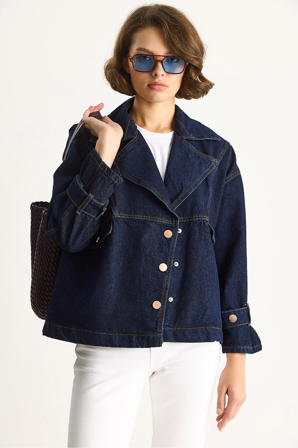Bianco Lucci  Kadın Geniş Yaka Uzun Kollu Ayarlanabilir Manşetli Denim Ceket 6089 60283543 - Görsel 2