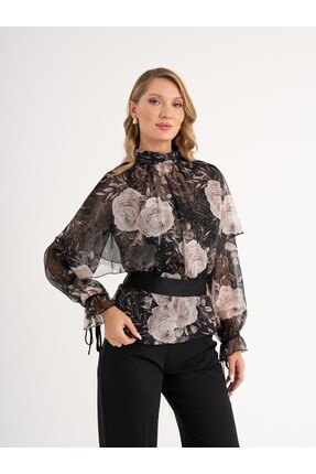 Serpil Şifon Çiçek Desenli Yüksek Yaka Kadın Bluz 37305