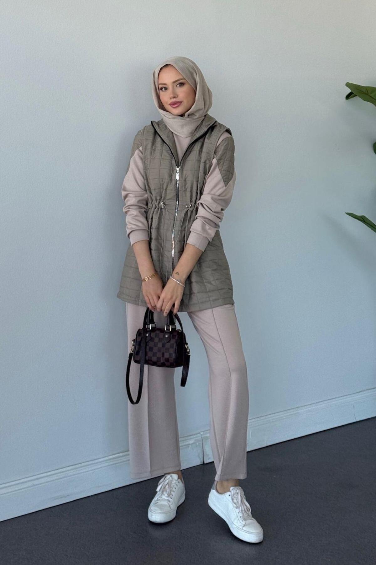 Şulemoda Giyim Armoni Kapitone Yelekli 3'lü Takım Haki