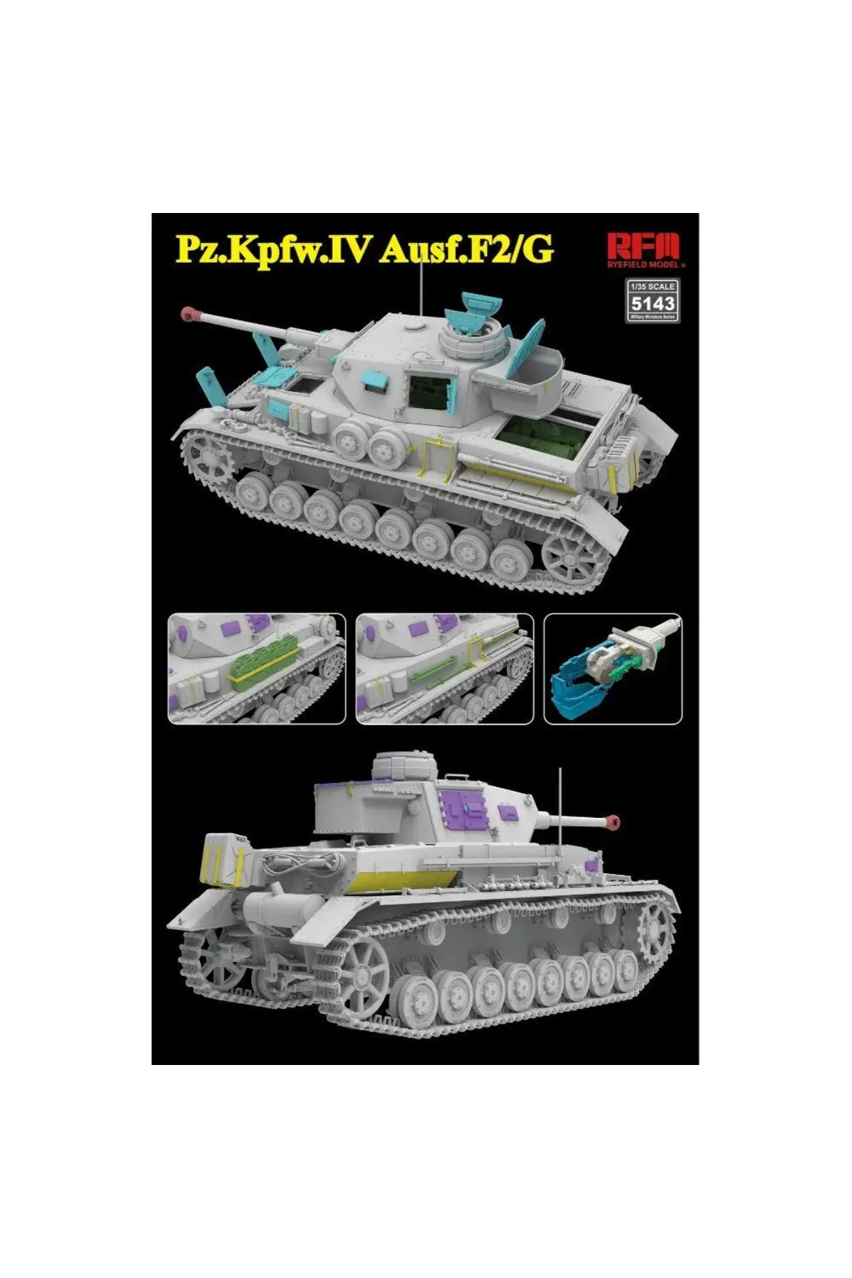 اسباب‌بازی تانک مدل پلاستیکی رایفیلد ۵۱۴۳ Pz.Kpfw.IV Ausf.F2/G با موتور ۱۲۰ TRM و زنجیرهای متحرک…