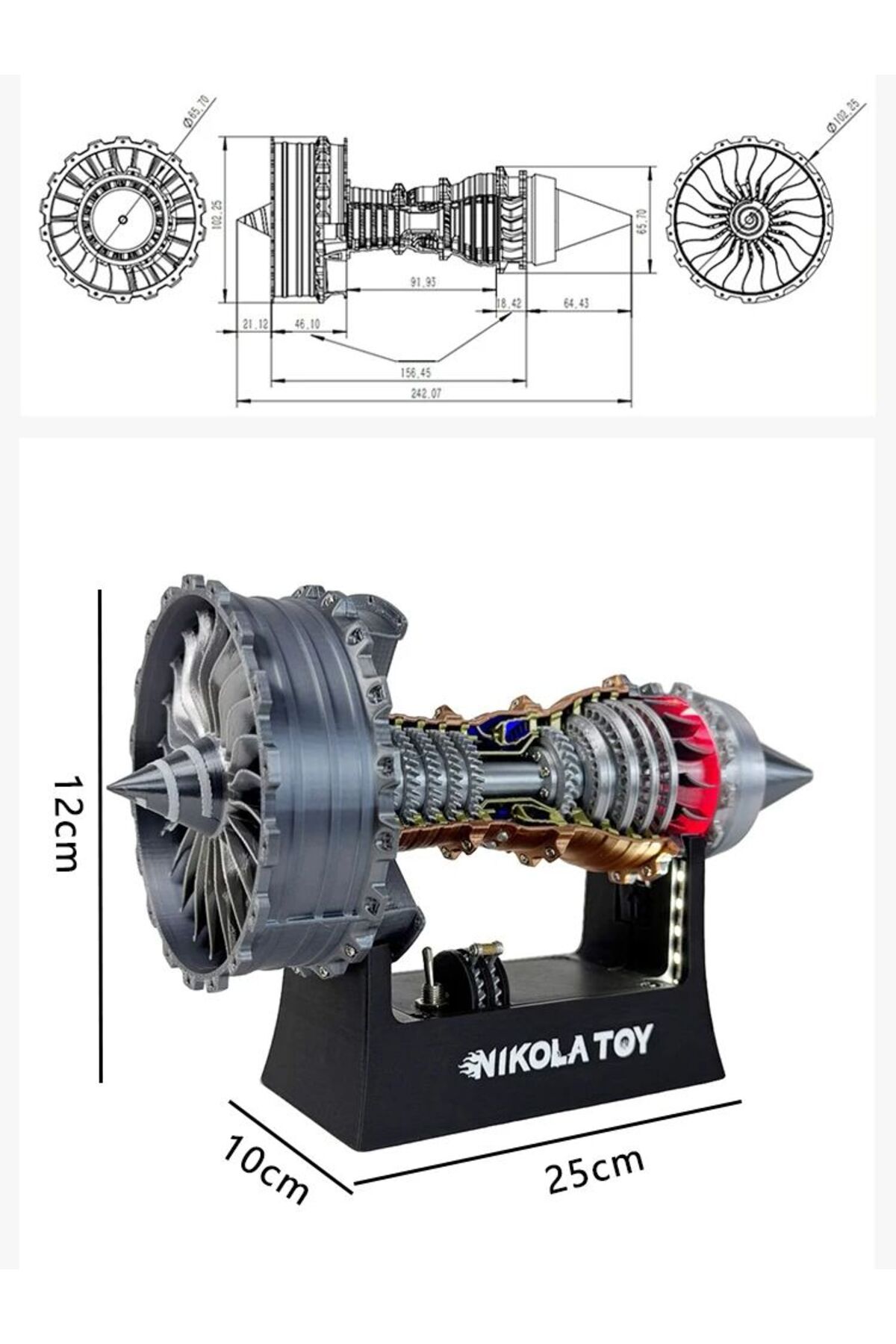 ۲۵ سانتی‌متر مدل اسباب‌بازی موتور توربوفن شبیه‌سازی با دقت بالا TR-900، هوافضا، کالای کلکسیونی، فن…