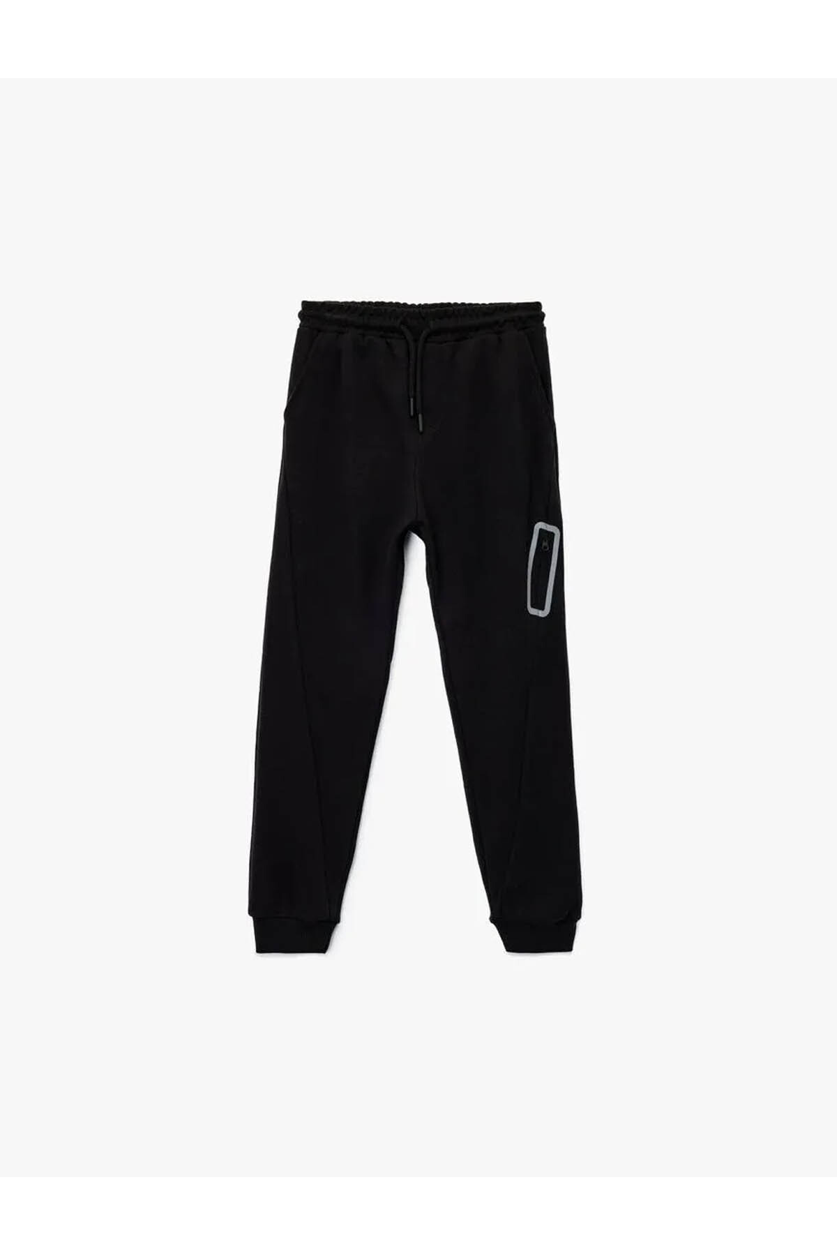 Raised Zipper Detailed Cotton Black Boys Sweatpants 6Wkb40045Tk