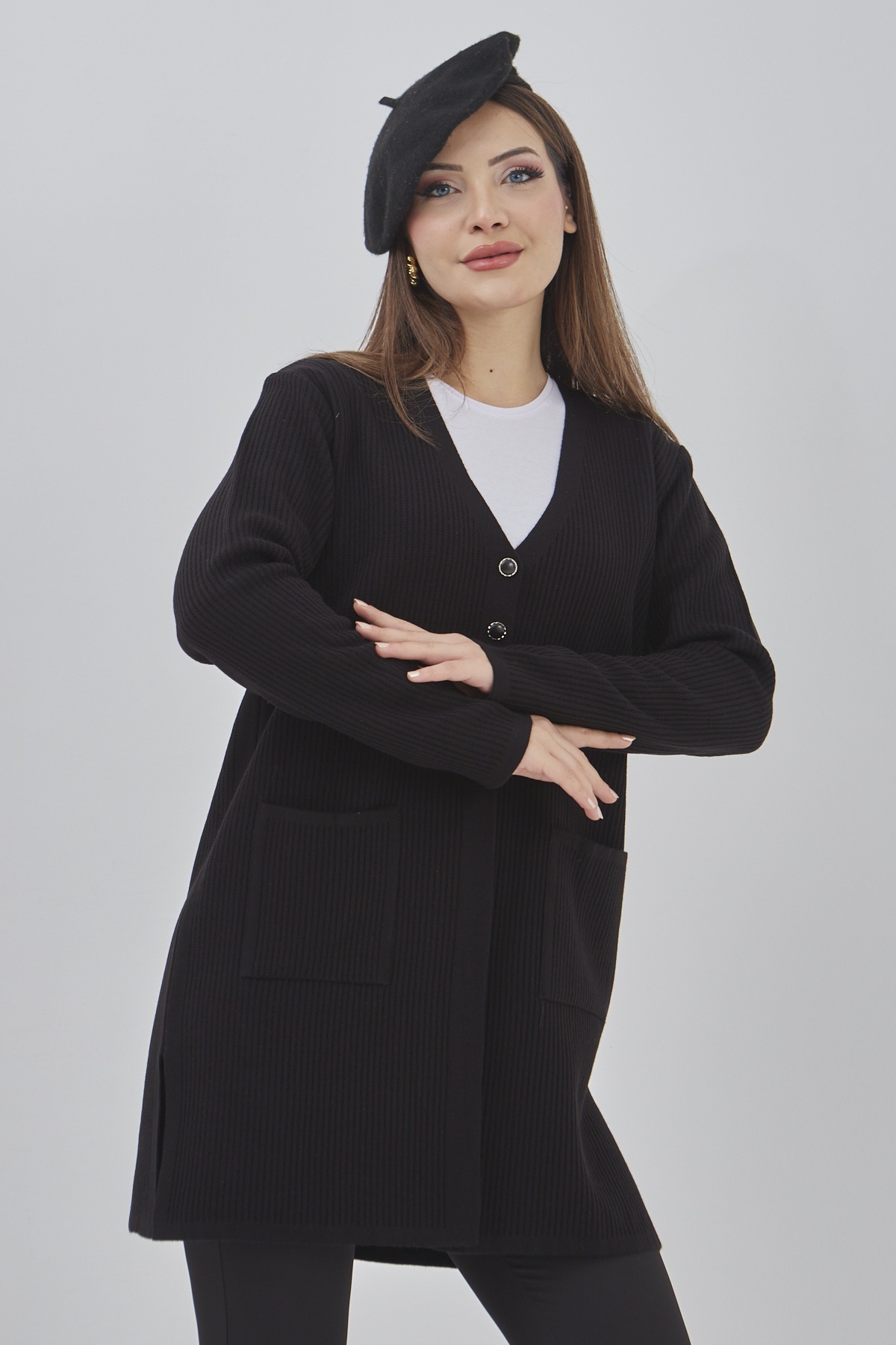 Elçelya Moda  Kadın Mevsimlik Araboy Triko Cepli Düğmeli Esnek Hırka - Görsel 4