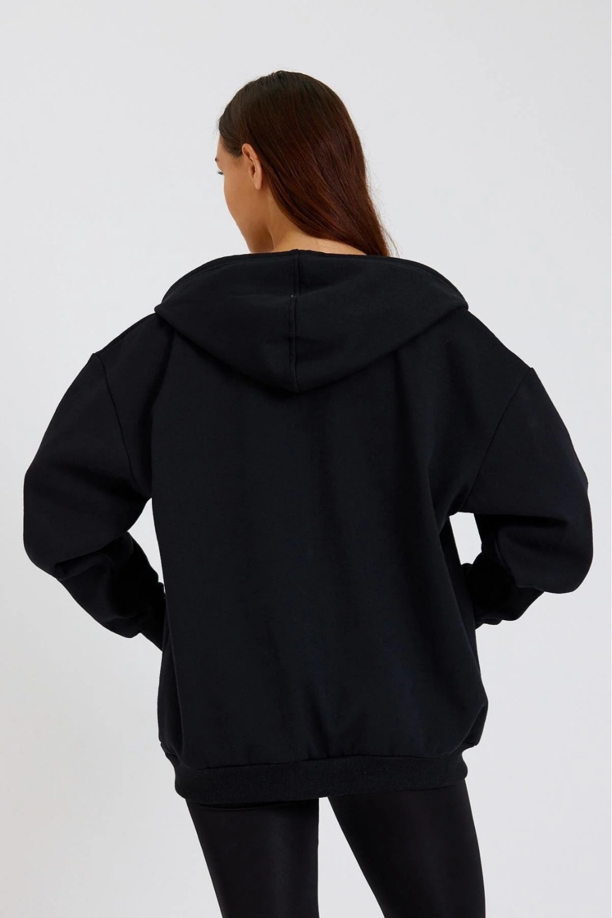 Tight Lady Siyah 3 iplik Kanguru Cepli Kapüşonlu Fermuarlı içi Polarlı Oversize Kadın Sweatshirt Hırka görsel 6