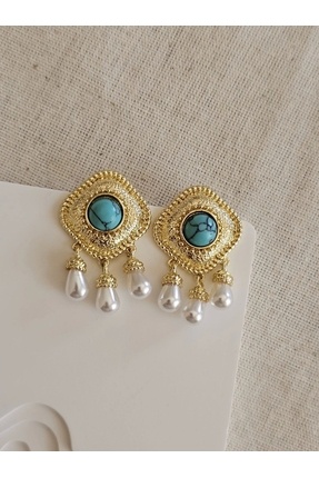 SİBEL AKSESUAR TURKUAZ İNCİLİ DÜŞ KÜPE ÇELİK