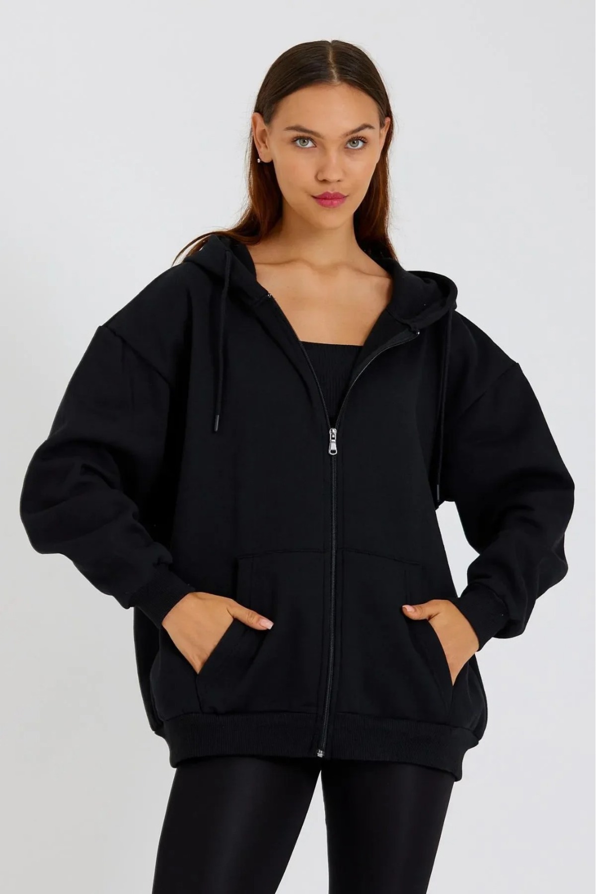 Tight Lady Siyah 3 iplik Kanguru Cepli Kapüşonlu Fermuarlı içi Polarlı Oversize Kadın Sweatshirt Hırka görsel 5