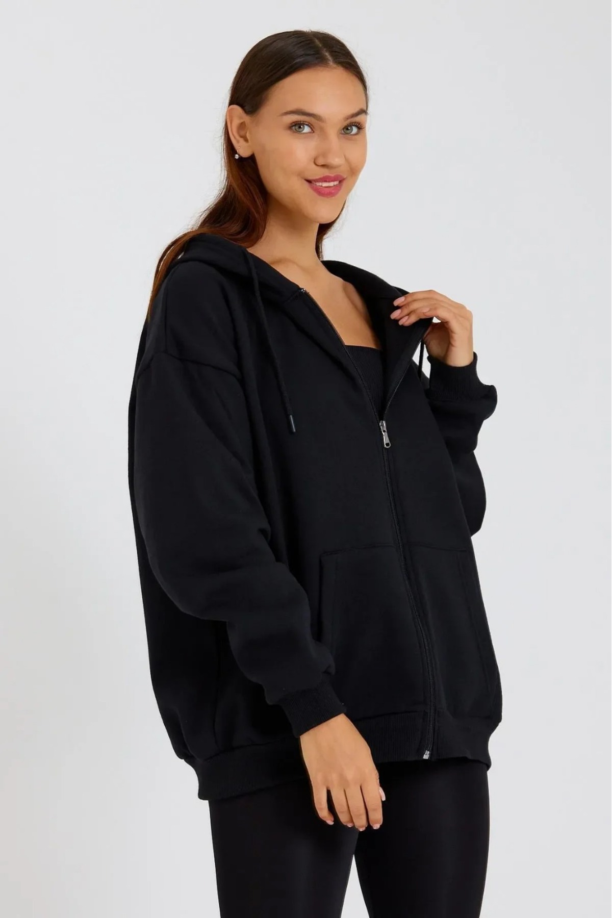 Tight Lady Siyah 3 iplik Kanguru Cepli Kapüşonlu Fermuarlı içi Polarlı Oversize Kadın Sweatshirt Hırka görsel 3