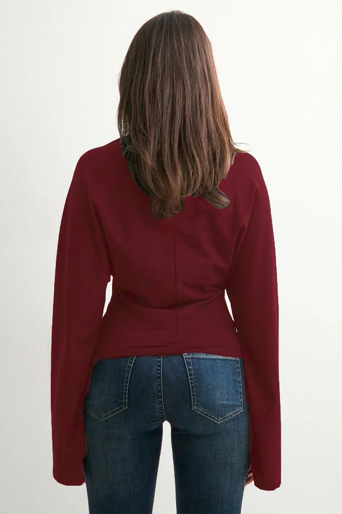 ecemore  Bisiklet Yaka Belden Oturtmalı Geniş Kollu Bordo Bluz E9128 - Görsel 3