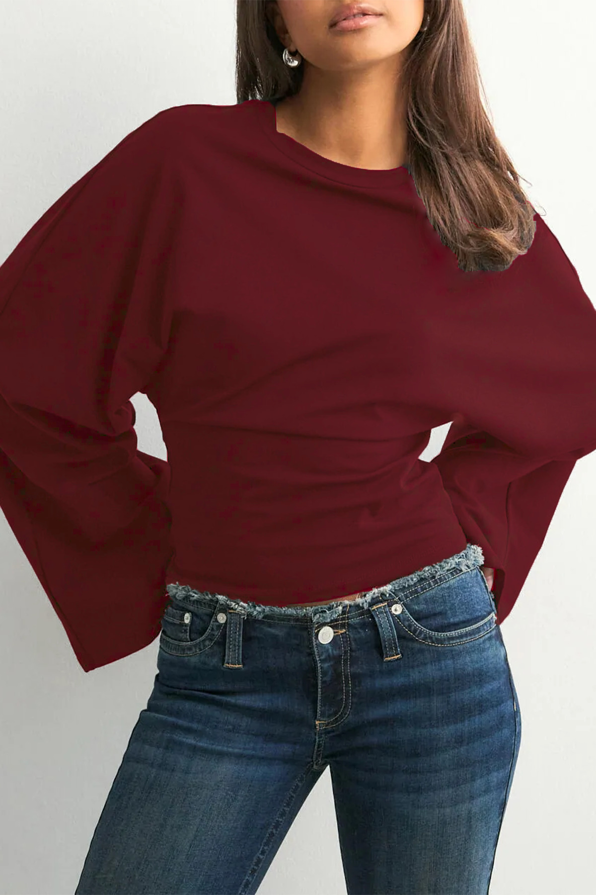 ecemore  Bisiklet Yaka Belden Oturtmalı Geniş Kollu Bordo Bluz E9128 - Görsel 2