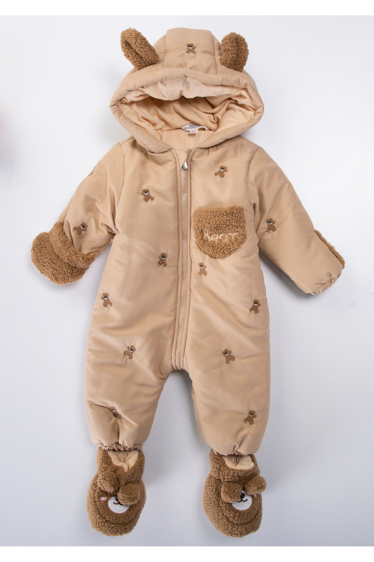 ZERA KIDS Sevimli Ayı Figürlü-Kışlık-Patik-Eldivenli Kapüşonlu Ünisex Bebek Kozmonot-Astronot Tulum