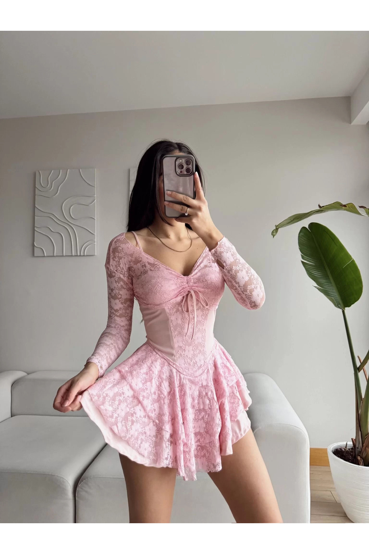 Zoom Butik Dantel Kol Ön Büzgülü Elbise - PUDRA