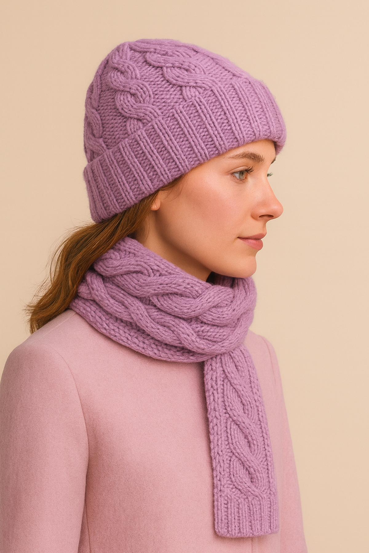 SİSTEM PELUŞ Kadın Zarif Örgü Desenli Bere & Atkı Takımı