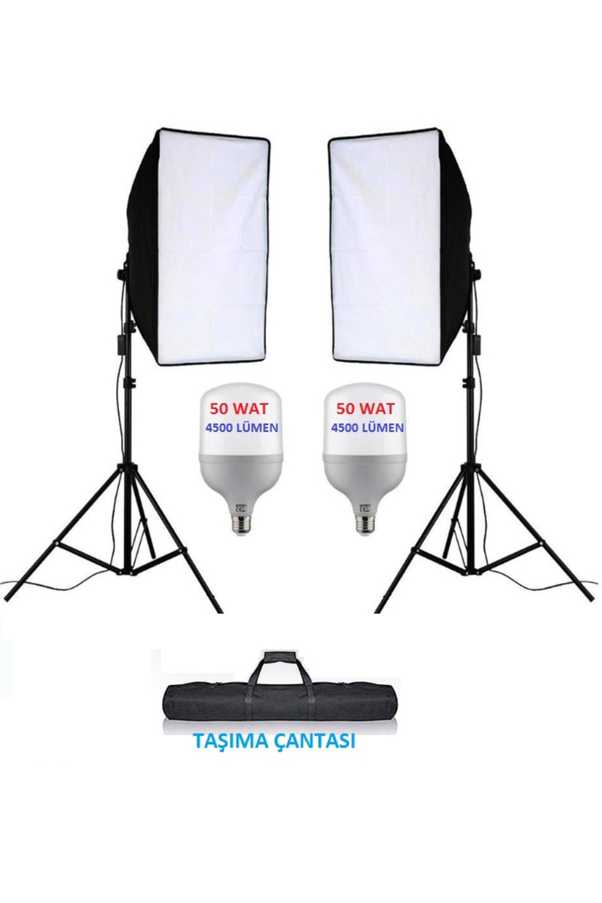 50x70 cm Softbox 2'li Sürekli Işık Seti Youtber Kit Taşıma Çantalı TOPLAM 100 WAT 9000 LÜMEN