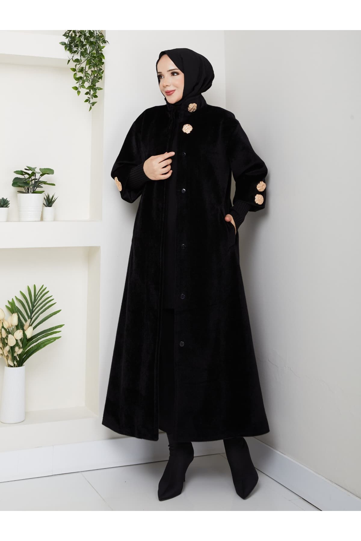 KMKkombin  HAKİM YAKA KOL RİBANALI GİZLİ DÜĞMELİ FOK KUMAŞ ŞIK KABAN - Görsel 2