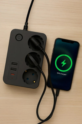 asua Üçlü Akım Korumalı Çocuk Korumalı 2x USB 1x Type-C Grup Priz Uzatma 1,8 ...