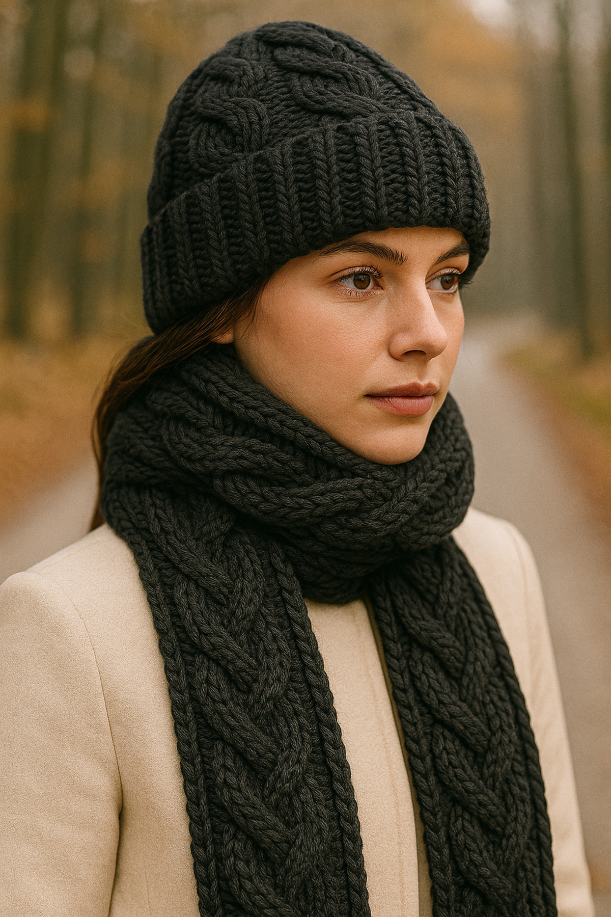 SİSTEM PELUŞ Kadın Zarif Örgü Desenli Bere & Atkı Takımı