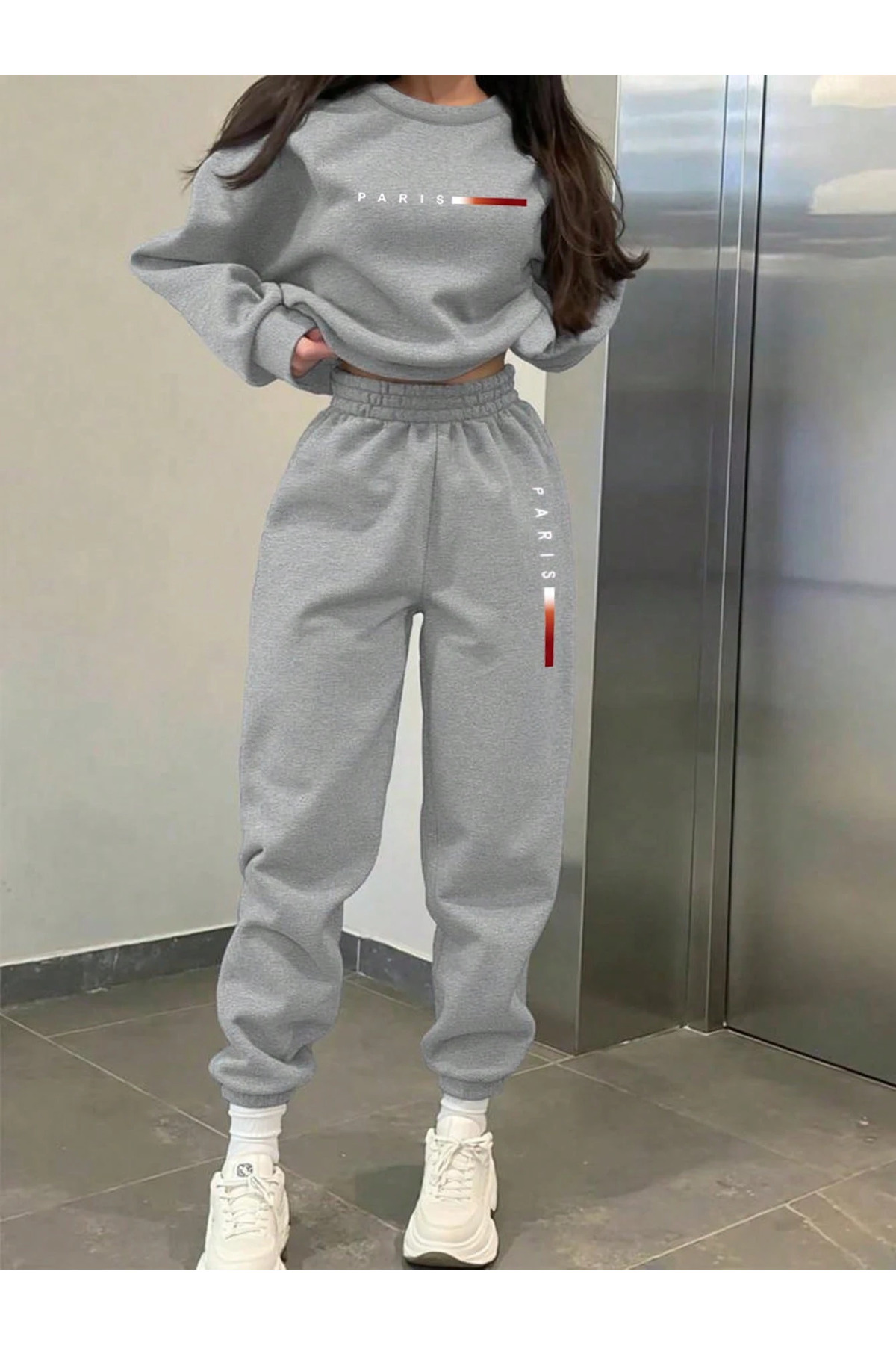 Unisex Erkek Kadın Paris Baskılı 3 İplik Bisiklet Yaka Eşofman Takımı — خاکستری macklinesgrpns