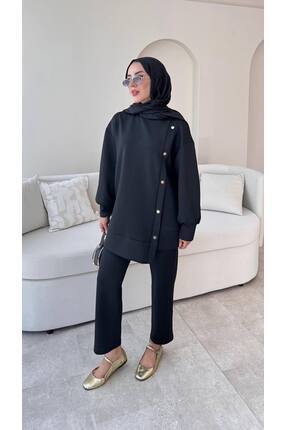 Molly Nelly Kadın Skuba Yandan Çıtçıtlı Pantolon Siyah Tesettür Takım