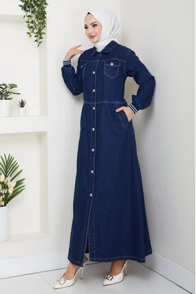 Hb Harma Time Butik Kadın Cepli Düğmeli Ribana Detaylı Kot Lacivert Uzun Kap