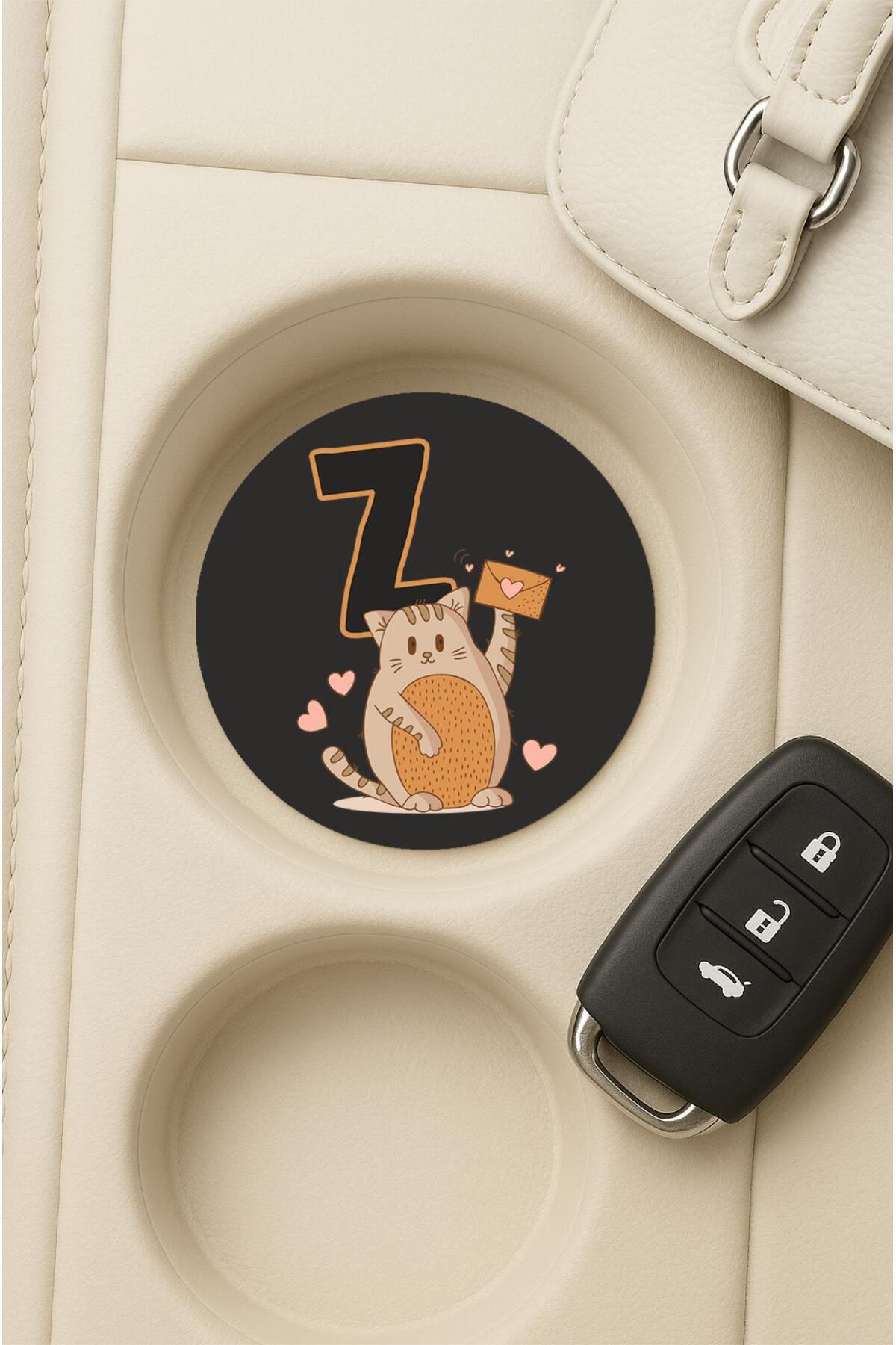 Cekuonline Oto Araç / Araba İçi Bardak Altlığı Matı Desenli UV 7x7cm Kedili Z