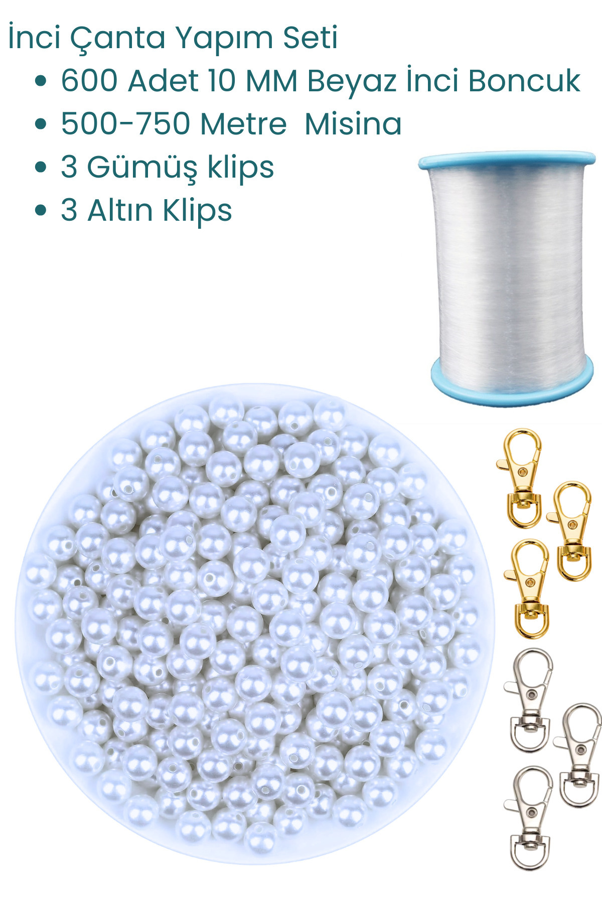 Pearl Bead Bag Making Set 10mm, Pearl Bag Mix, Bag Clip -White Pearl Bag Bead Set