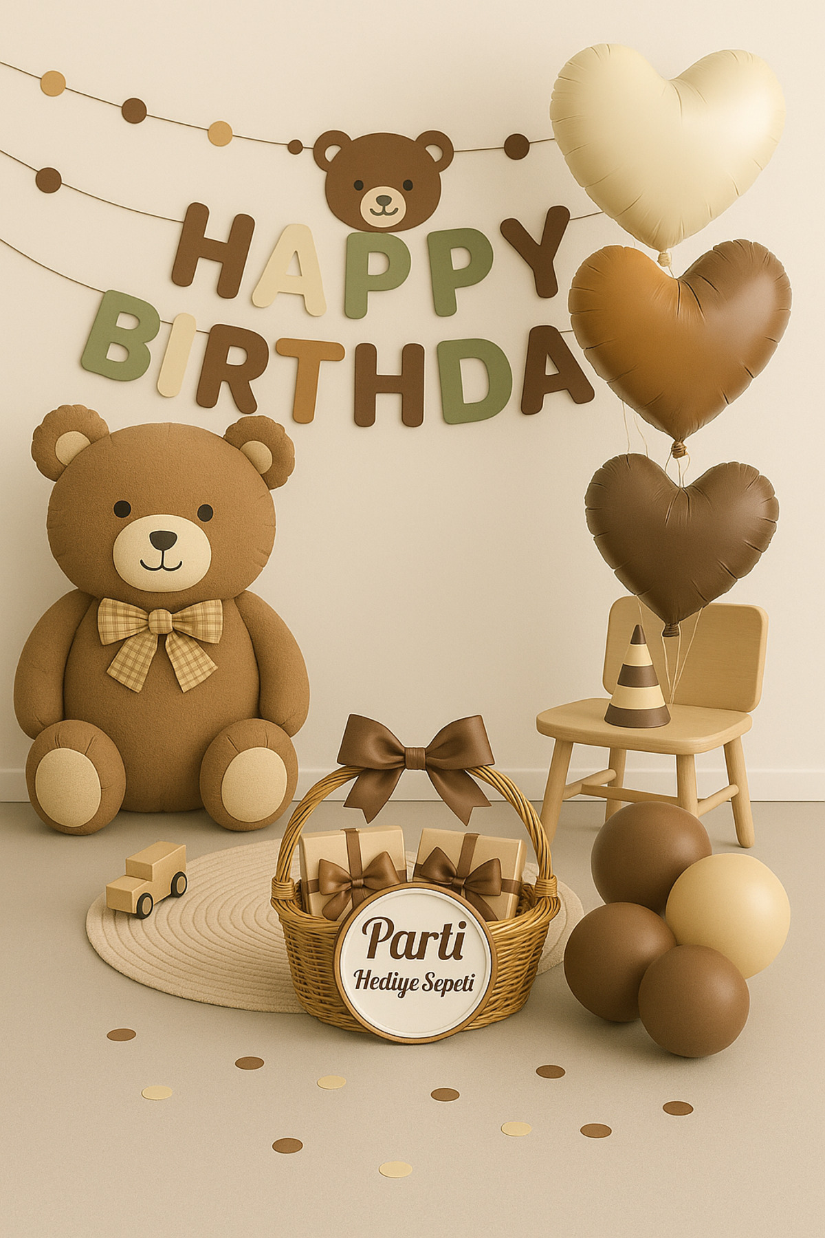 parti hediye sepeti Ayı Temalı Doğum Günü Parti Seti Kahve Krem Karamel | Kalp Folyo Balon ve Happy Birthday Banner
