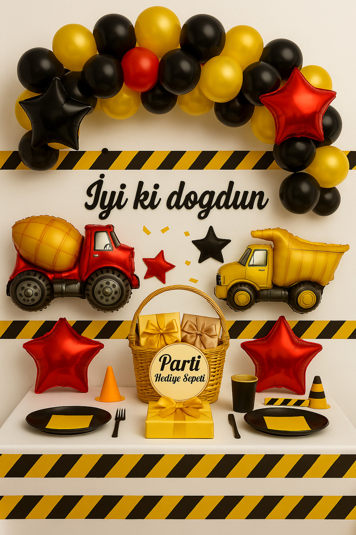 parti hediye sepeti İnşaat Temalı Doğum Günü Balon Seti Kamyon Mikser Folyo | Siyah Gold Kırmızı Yıldızlı Parti Süsleri