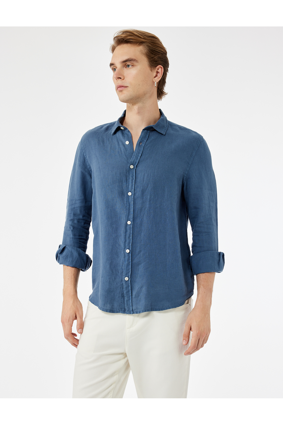 کوتون پیراهن کتان آستین بلند یقه کلاسیک دکمه‌دار معمولی