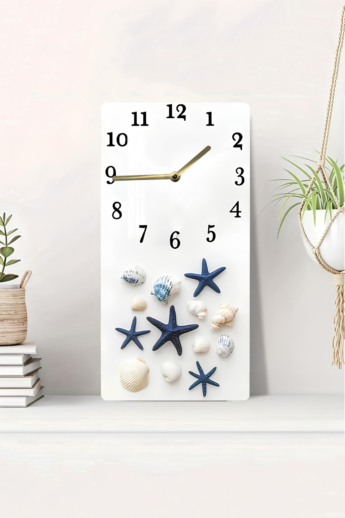 Deniz Yıldızı ve Deniz Kabukları Temalı MDF Dikdörtgen Duvar Saati – 30x60 cm UV Baskı – USD082