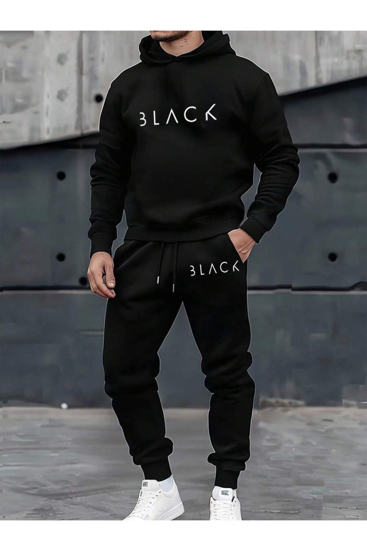 Erkek Black Baskılı Oversize 3 İplik Kapüşonlu Eşofman Takımı — مشکی macklinesblckks