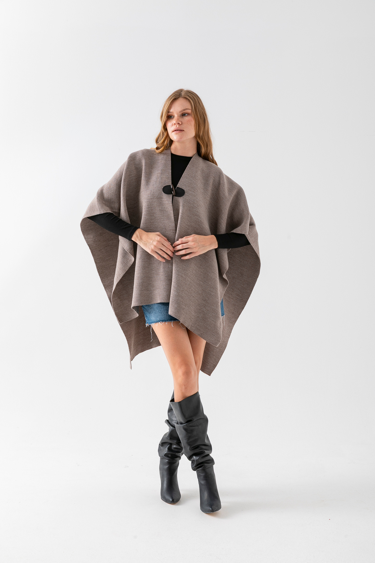 VEGA MODA Düz Triko Düğme Detaylı Şık Tasarımlı Panço, Düz İnterlok, Panço, Düz Desensiz Şal Panço, Panço