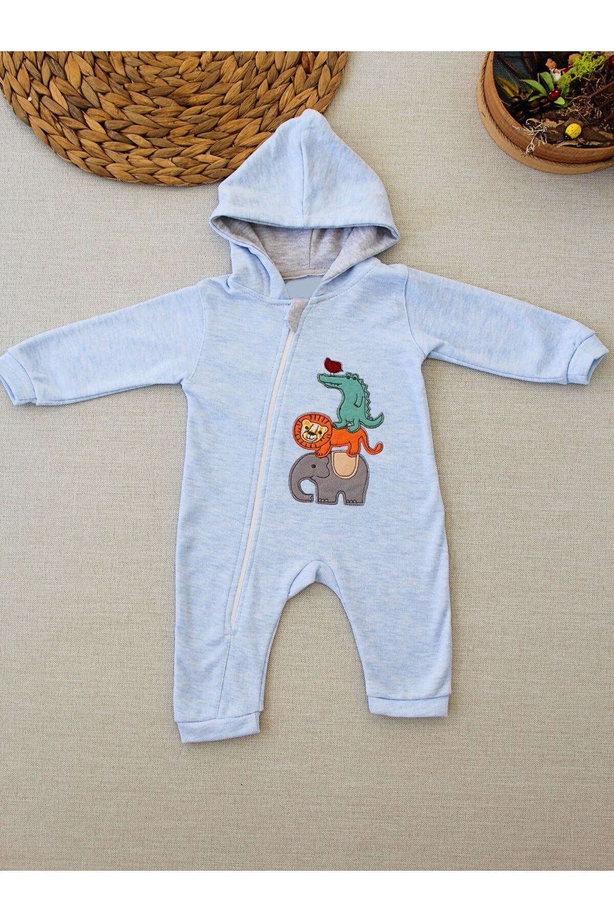 Skygo 6-9 9-12 Ay Ef Çizgi Boy Fermuarlı Hayvanlar Alemi Nakışlı Kapşonlu Kız Erkek Bebek Tulumu